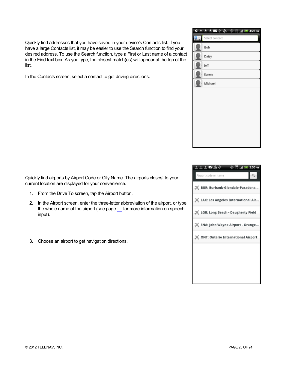 7 contacts, 8 airports, Contacts | Airports | Telenav for T-Mobile Supported Devices: v7.1 for Android phones User Manual | Page 25 / 94