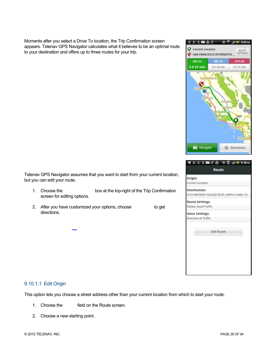 10 trip confirmation screen, 1 editing your route, 1 edit origin | Trip confirmation screen, Editing your route, Edit origin | Telenav for T-Mobile Supported Devices: v7.1 for Android phones User Manual | Page 28 / 94