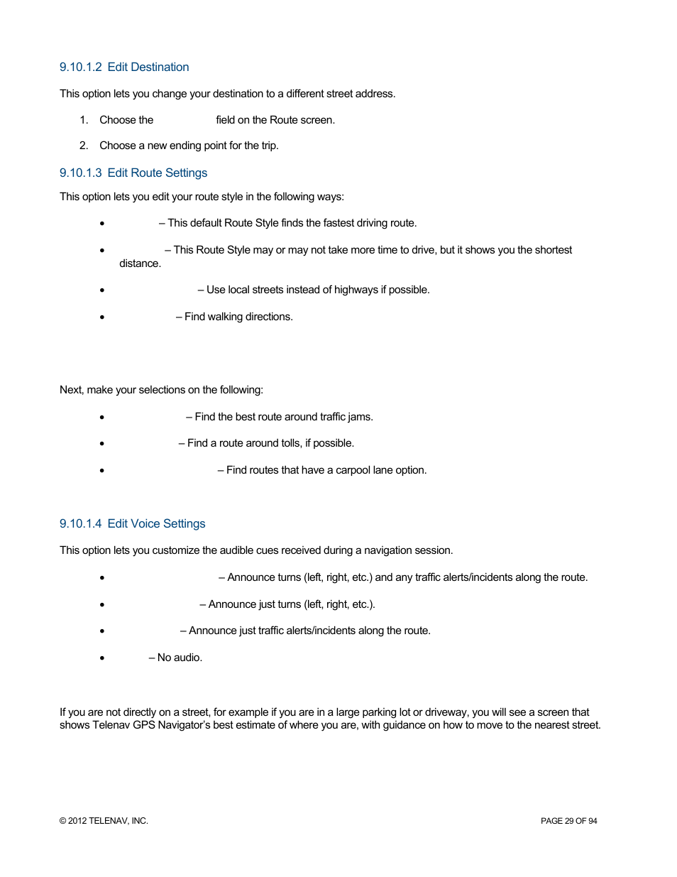 2 edit destination, 3 edit route settings, 4 edit voice settings | 11 moving to the nearest street, Edit destination, Edit route settings, Edit voice settings, Moving to the nearest street | Telenav for T-Mobile Supported Devices: v7.1 for Android phones User Manual | Page 29 / 94