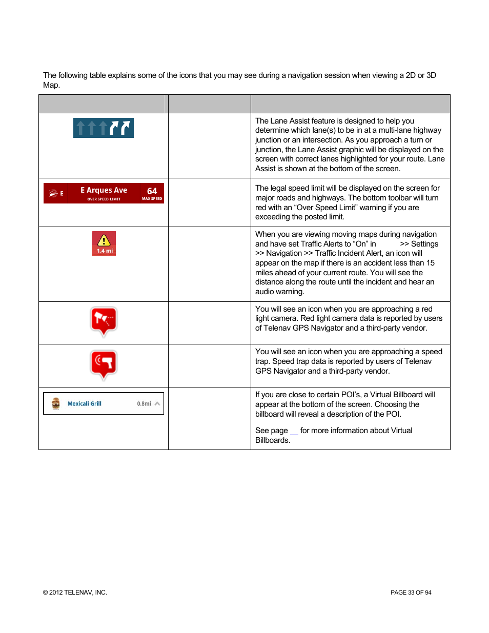 16 on-screen navigation icons, On-screen navigation icons | Telenav for T-Mobile Supported Devices: v7.1 for Android phones User Manual | Page 33 / 94
