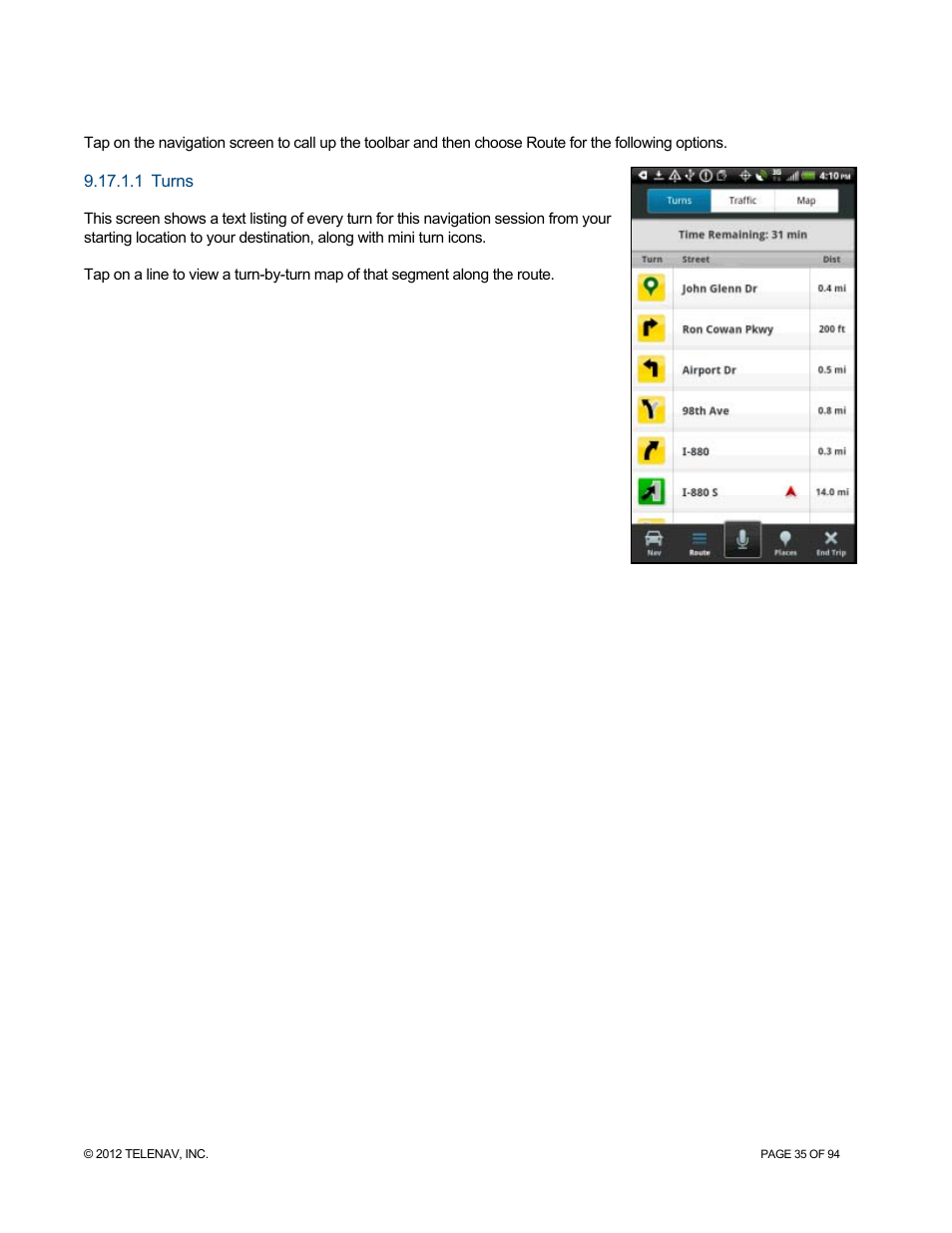 1 route, 1 turns, Route | Turns | Telenav for T-Mobile Supported Devices: v7.1 for Android phones User Manual | Page 35 / 94