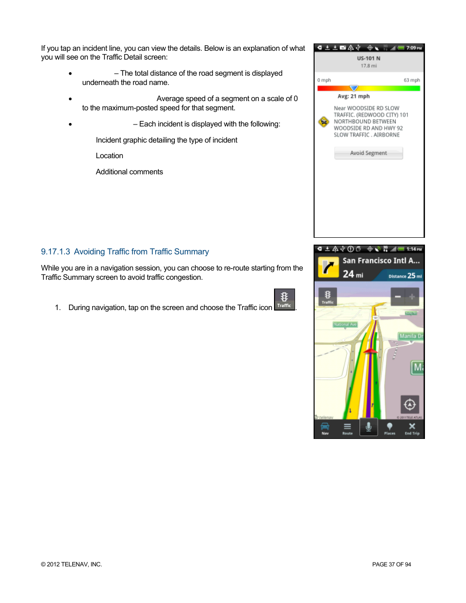 3 avoiding traffic from traffic summary, Avoiding traffic from traffic summary | Telenav for T-Mobile Supported Devices: v7.1 for Android phones User Manual | Page 37 / 94