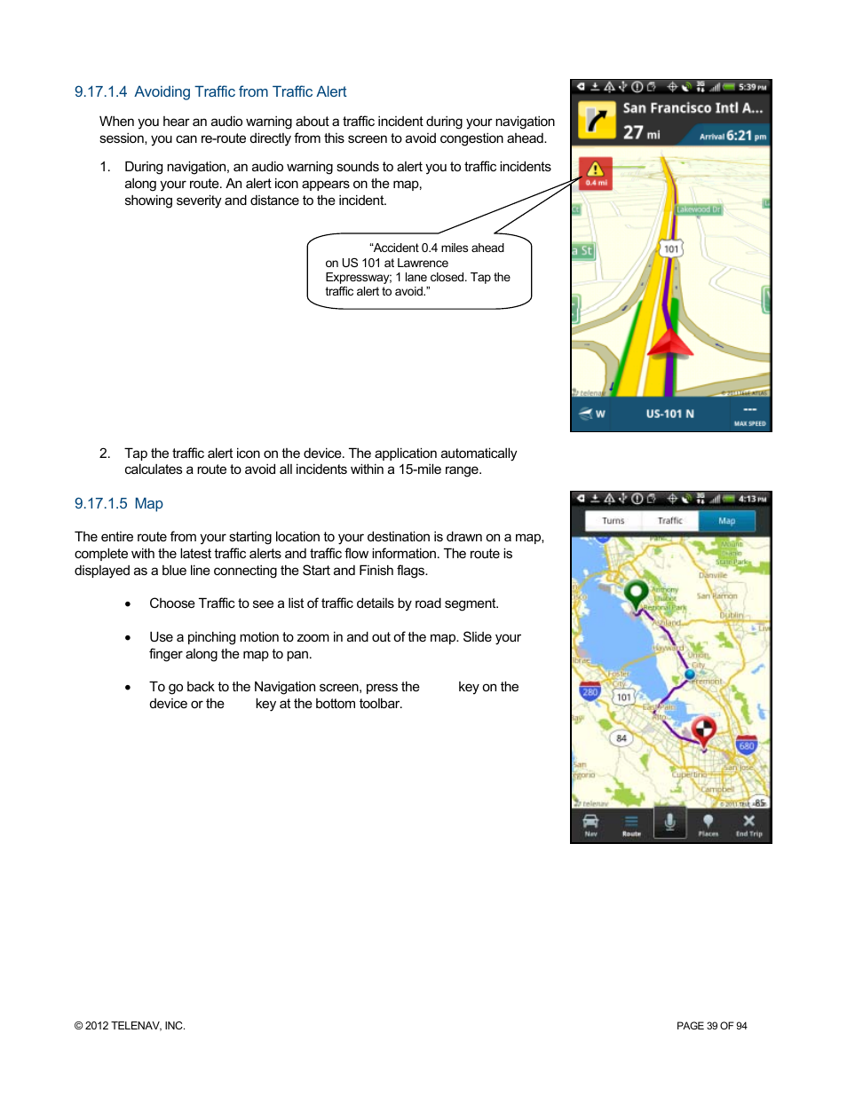 4 avoiding traffic from traffic alert, 5 map, Avoiding traffic from traffic alert | Telenav for T-Mobile Supported Devices: v7.1 for Android phones User Manual | Page 39 / 94