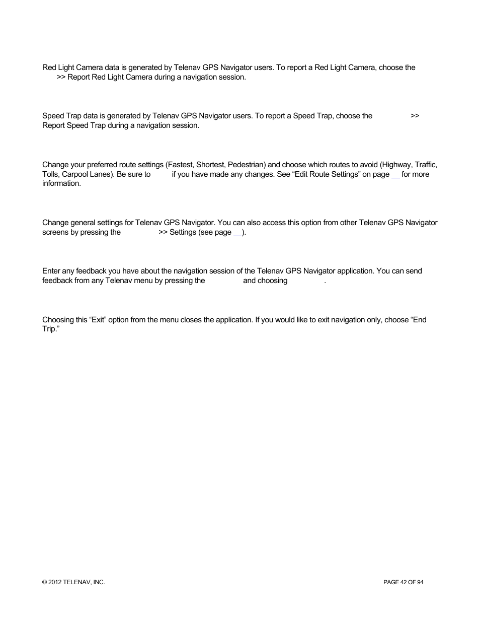 1 report red light camera, 2 report speed trap, 3 route settings | 4 settings, 5 feedback, 6 exit, Report red light camera, Report speed trap, Route settings, Settings | Telenav for T-Mobile Supported Devices: v7.1 for Android phones User Manual | Page 42 / 94