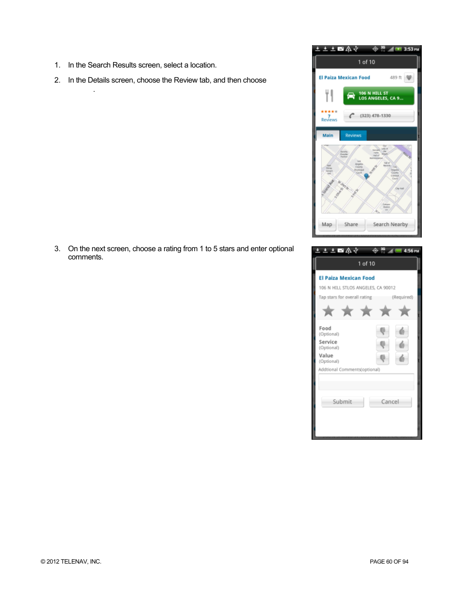 1 submit your own rating and review, Submit your own rating and review | Telenav for T-Mobile Supported Devices: v7.1 for Android phones User Manual | Page 60 / 94