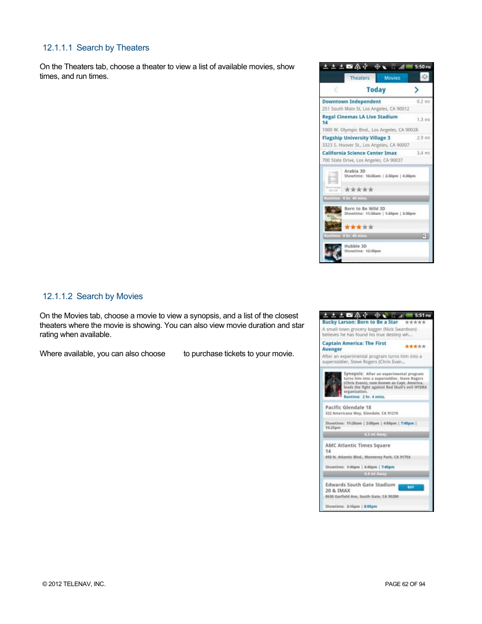 1 search by theaters, 2 search by movies, Search by theaters | Search by movies | Telenav for T-Mobile Supported Devices: v7.1 for Android phones User Manual | Page 62 / 94