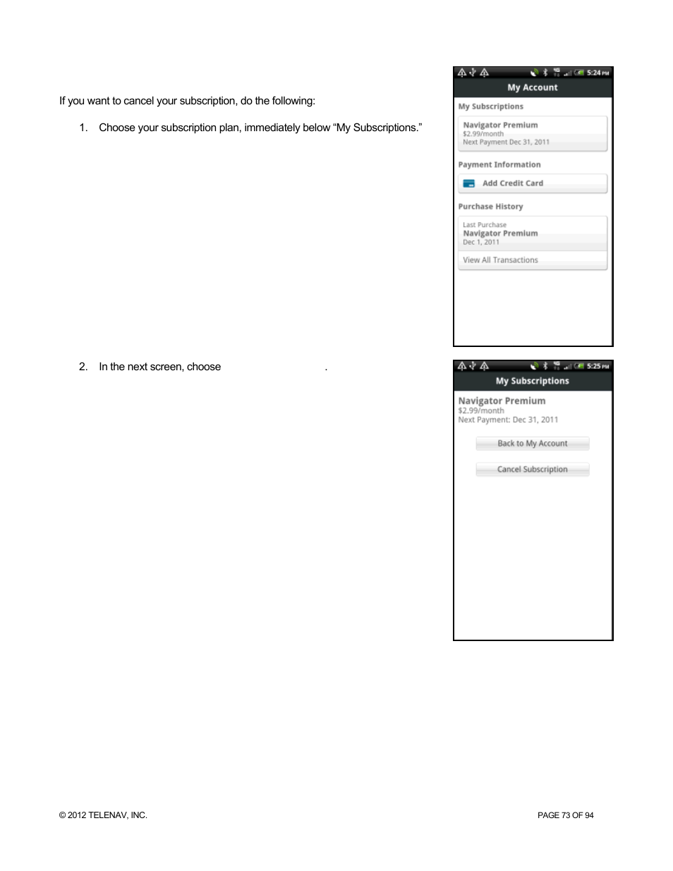 4 canceling your subscription, Canceling your subscription | Telenav for T-Mobile Supported Devices: v7.1 for Android phones User Manual | Page 73 / 94