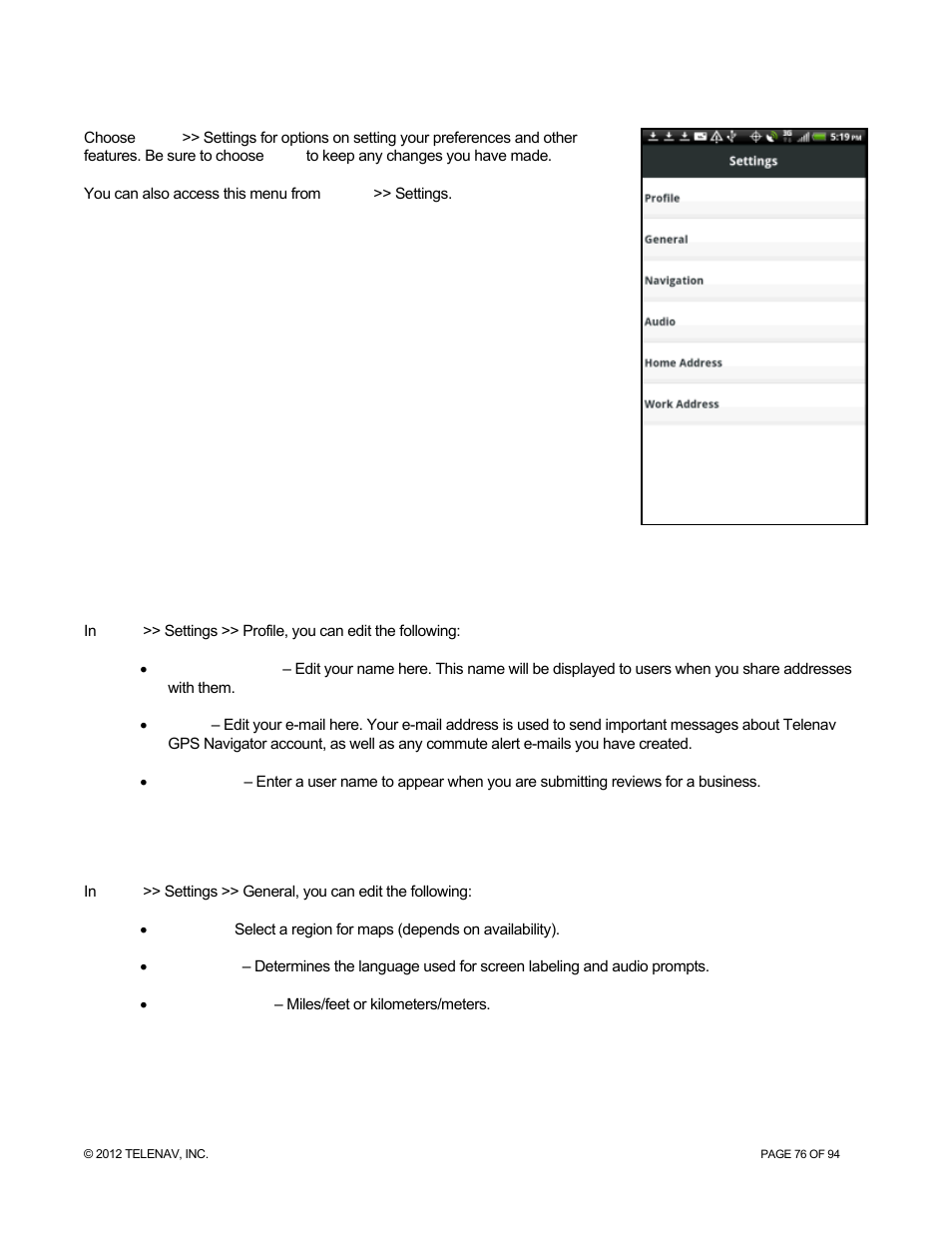 3 settings, 1 profile, 2 general | Settings, Profile, General | Telenav for T-Mobile Supported Devices: v7.1 for Android phones User Manual | Page 76 / 94