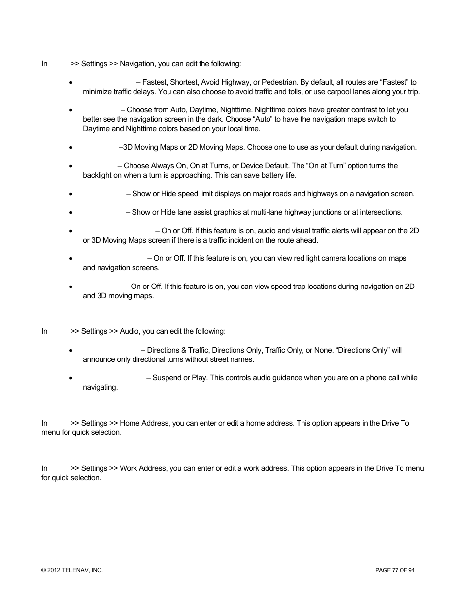 3 navigation, 4 audio, 5 home address | 6 work address, Navigation, Audio, Home address, Work address | Telenav for T-Mobile Supported Devices: v7.1 for Android phones User Manual | Page 77 / 94
