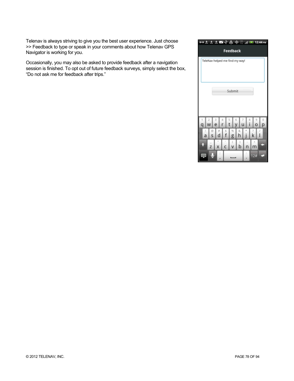4 feedback, Feedback | Telenav for T-Mobile Supported Devices: v7.1 for Android phones User Manual | Page 78 / 94