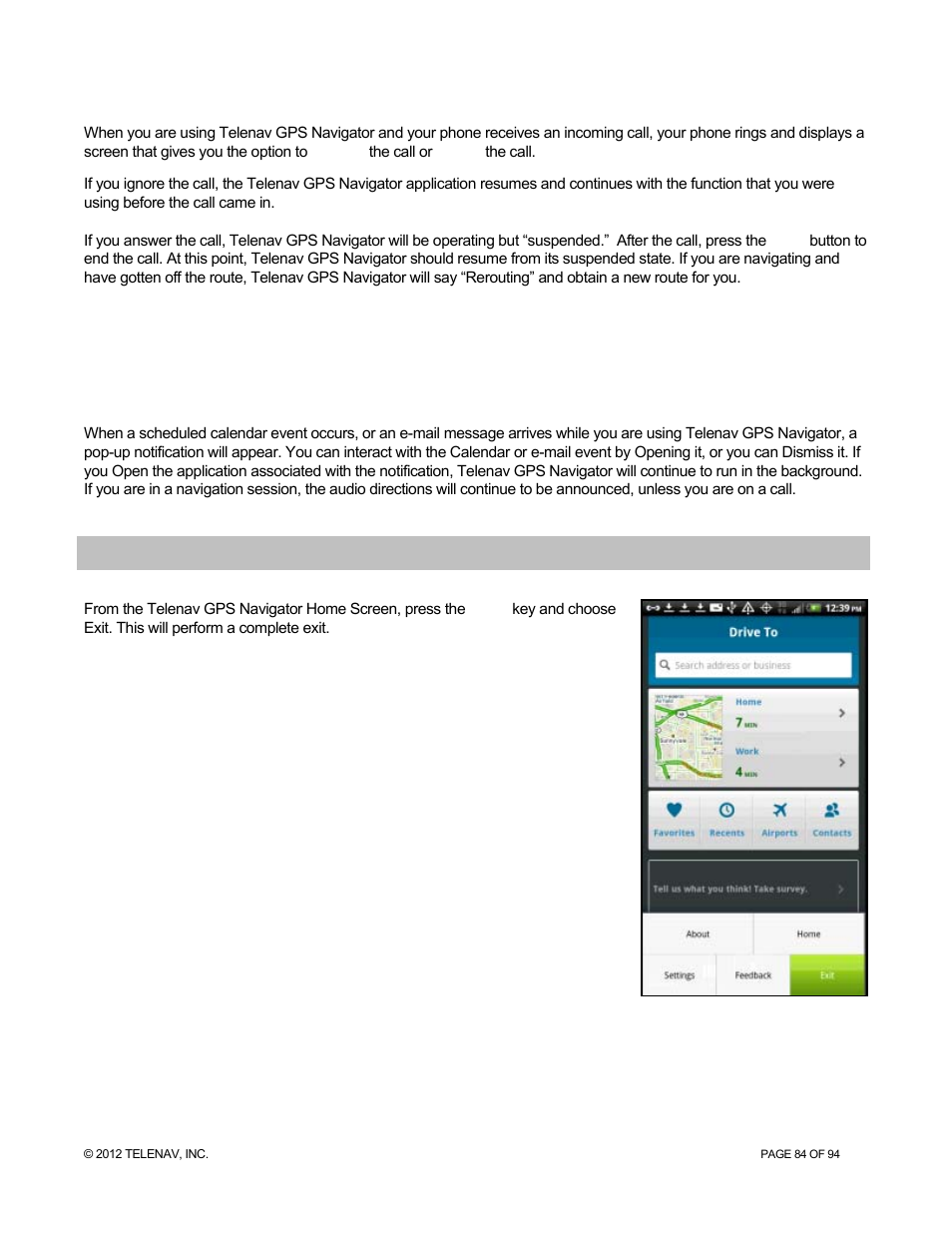 3 taking an incoming call, 4 calendar and e-mail events, Exiting telenav gps navigator | Taking an incoming call, Calendar and e-mail events | Telenav for T-Mobile Supported Devices: v7.1 for Android phones User Manual | Page 84 / 94