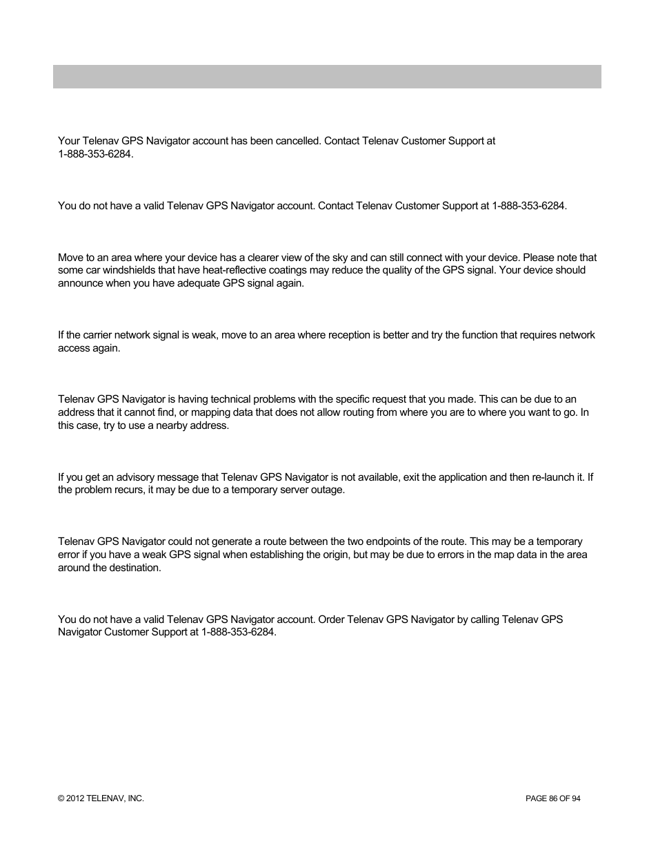 Error conditions | Telenav for T-Mobile Supported Devices: v7.1 for Android phones User Manual | Page 86 / 94