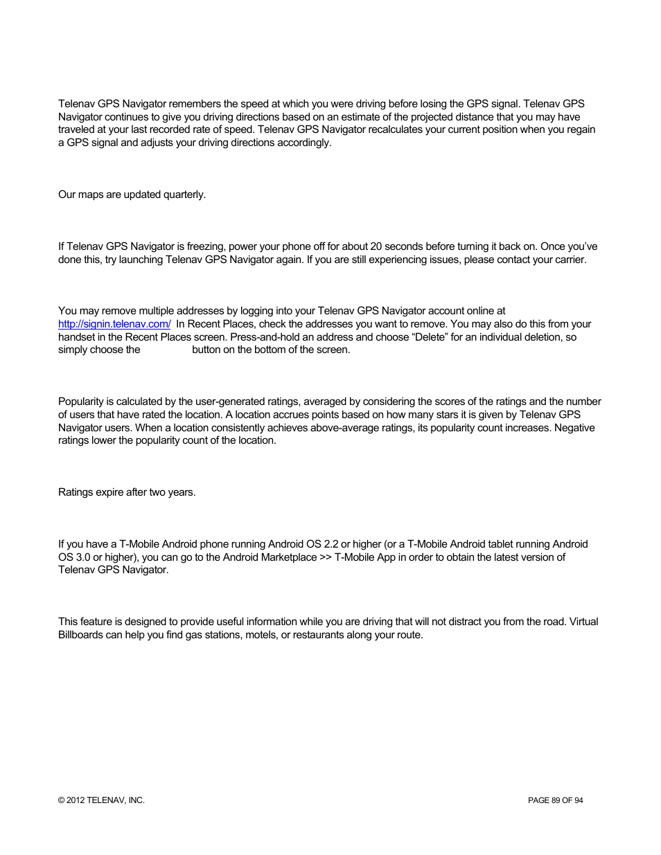 Telenav for T-Mobile Supported Devices: v7.1 for Android phones User Manual | Page 89 / 94
