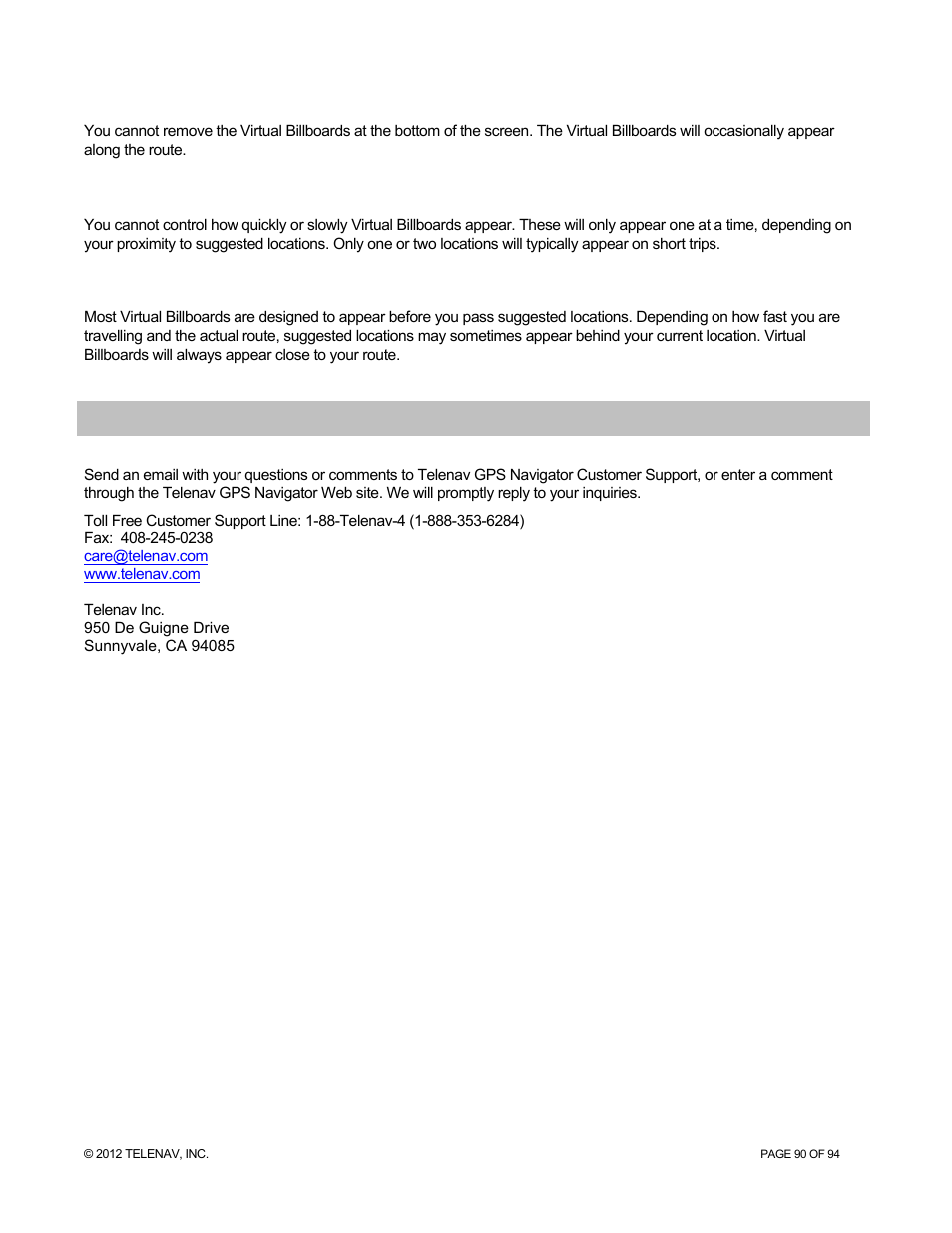 Customer support | Telenav for T-Mobile Supported Devices: v7.1 for Android phones User Manual | Page 90 / 94