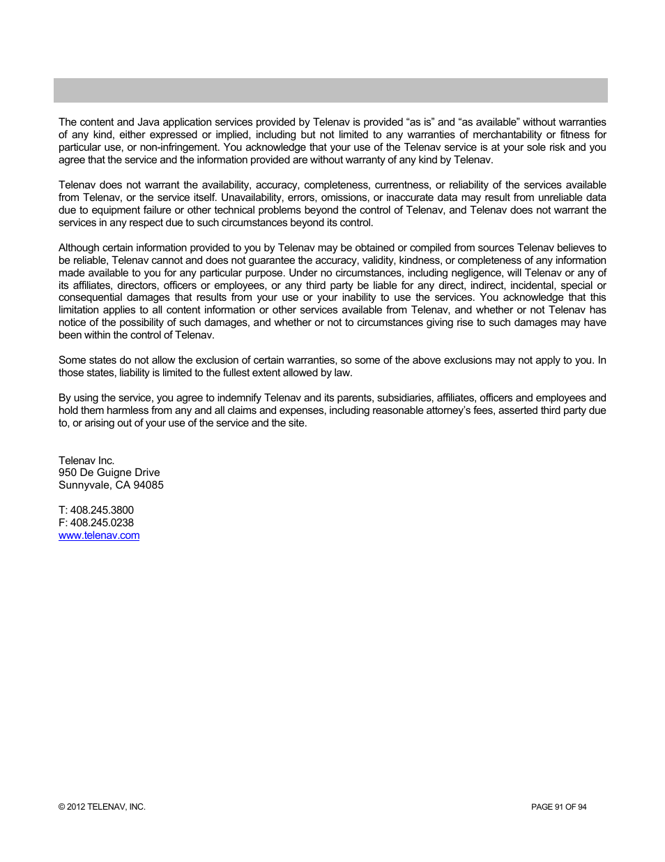 Telenav services warranty | Telenav for T-Mobile Supported Devices: v7.1 for Android phones User Manual | Page 91 / 94
