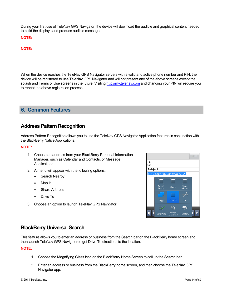 Common features, Address pattern recognition, Blackberry universal search | Common features address pattern recognition | Telenav for T-Mobile Supported Devices: v6.2 for BlackBerry devices User Manual | Page 14 / 69