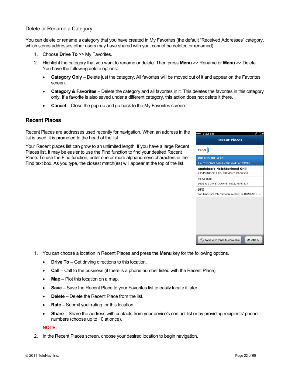 Recent places, Delete or rename a category | Telenav for T-Mobile Supported Devices: v6.2 for BlackBerry devices User Manual | Page 22 / 69