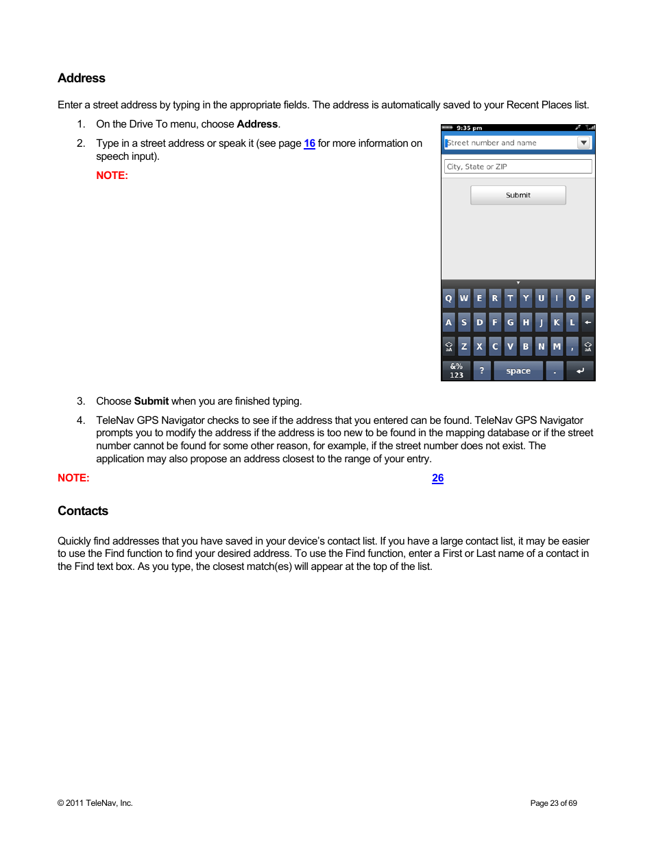 Address, Contacts | Telenav for T-Mobile Supported Devices: v6.2 for BlackBerry devices User Manual | Page 23 / 69