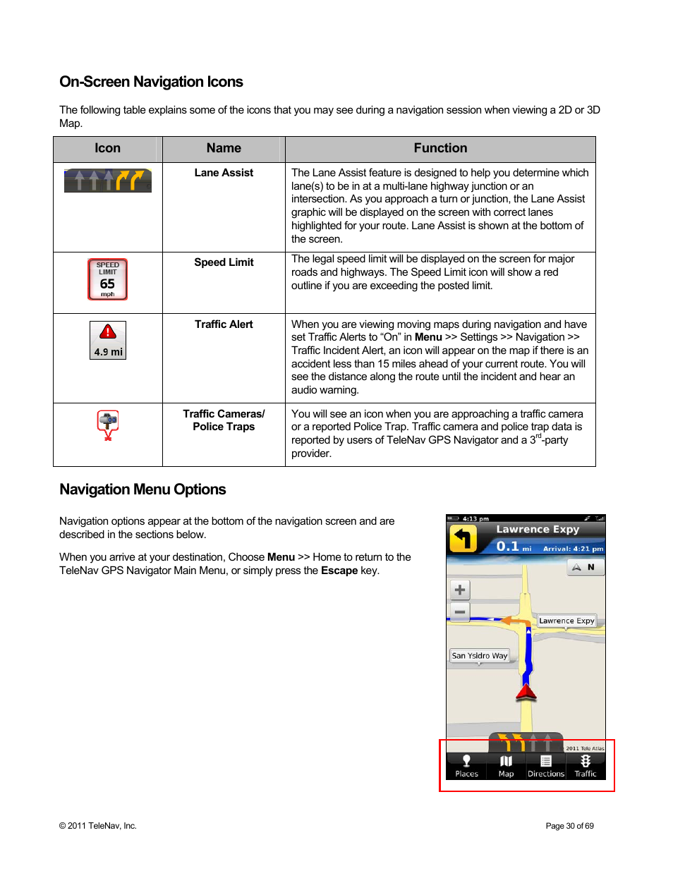On-screen navigation icons, Navigation menu options | Telenav for T-Mobile Supported Devices: v6.2 for BlackBerry devices User Manual | Page 30 / 69