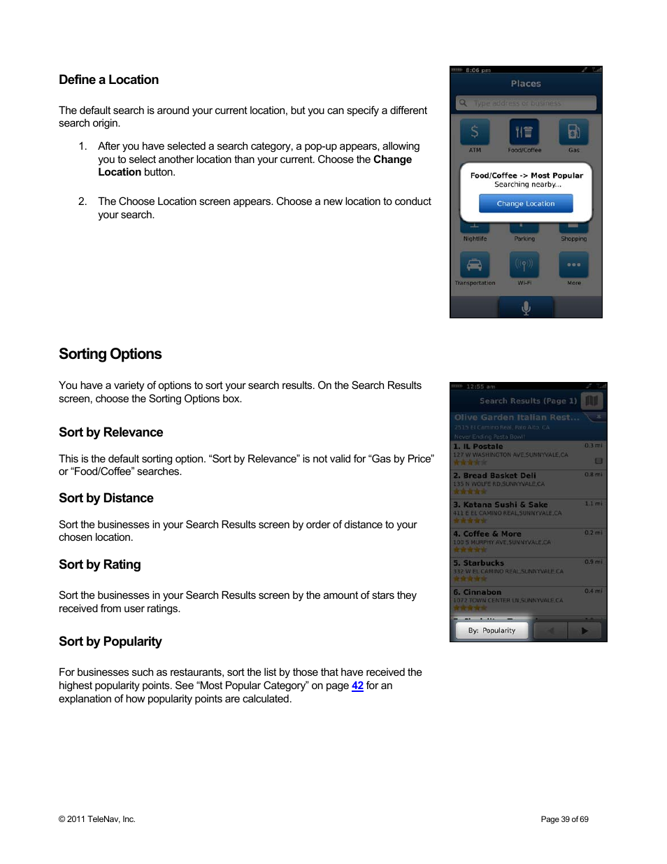 Define a location, Sorting options, Sort by relevance | Sort by distance, Sort by rating, Sort by popularity | Telenav for T-Mobile Supported Devices: v6.2 for BlackBerry devices User Manual | Page 39 / 69