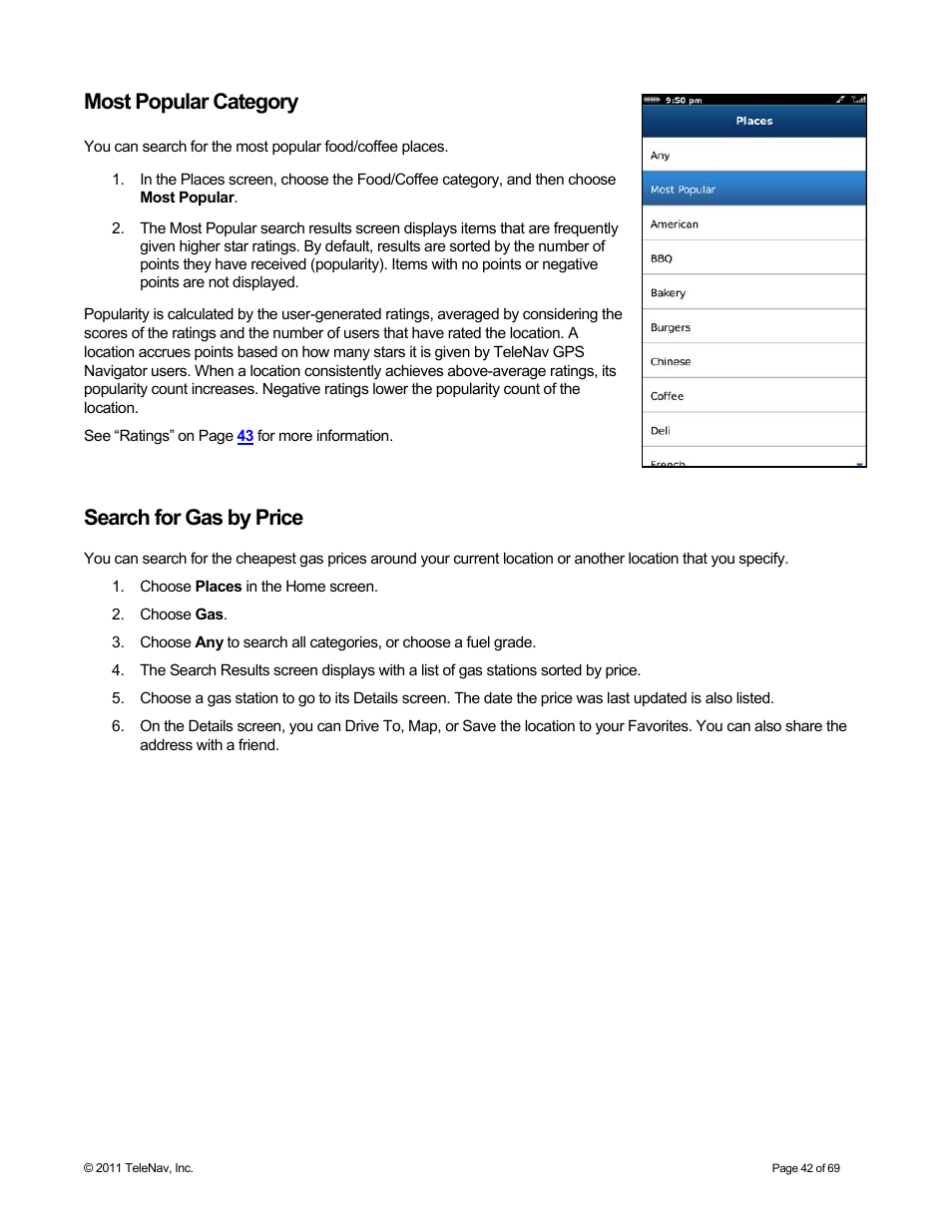 Most popular category, Search for gas by price | Telenav for T-Mobile Supported Devices: v6.2 for BlackBerry devices User Manual | Page 42 / 69