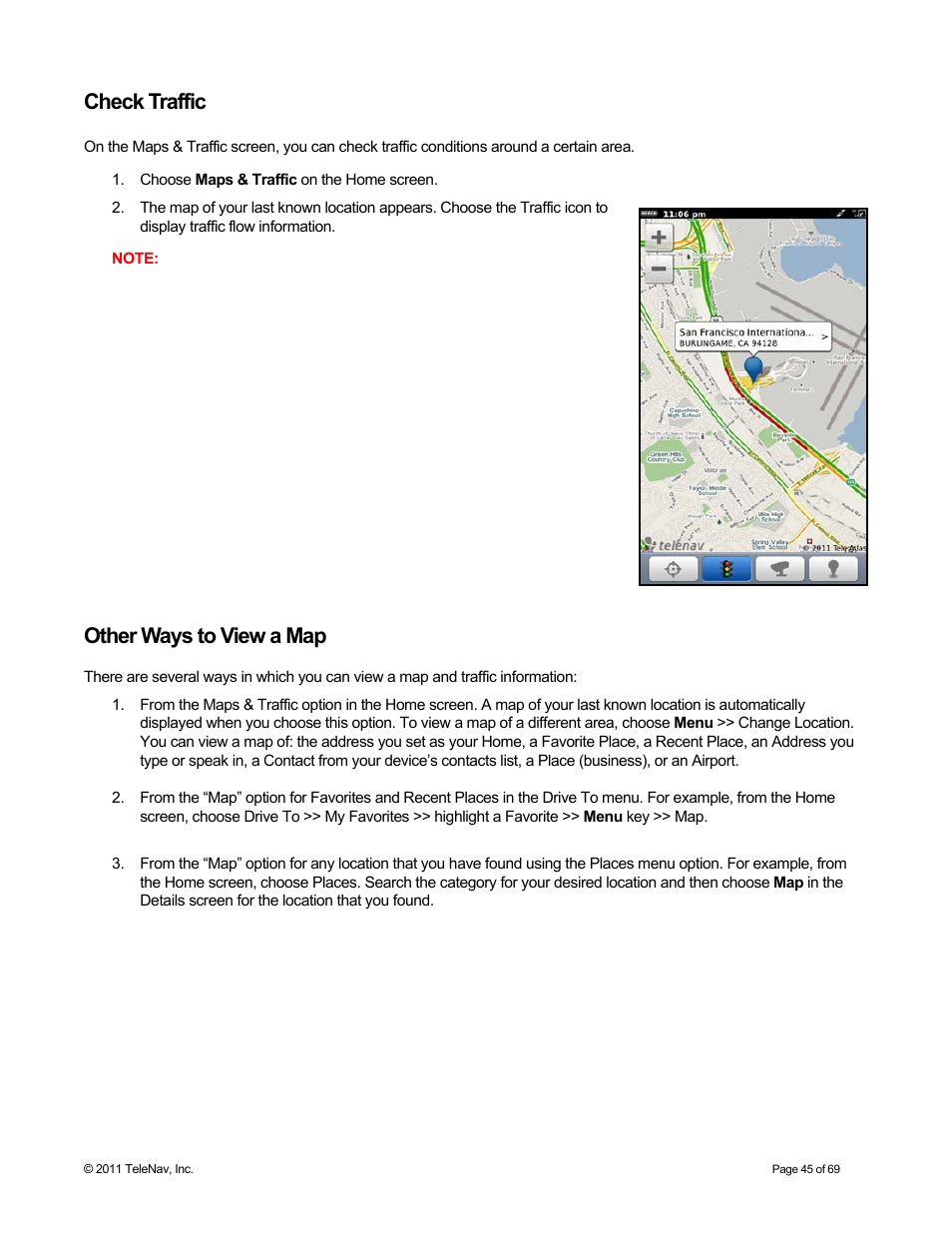 Check traffic, Other ways to view a map | Telenav for T-Mobile Supported Devices: v6.2 for BlackBerry devices User Manual | Page 45 / 69