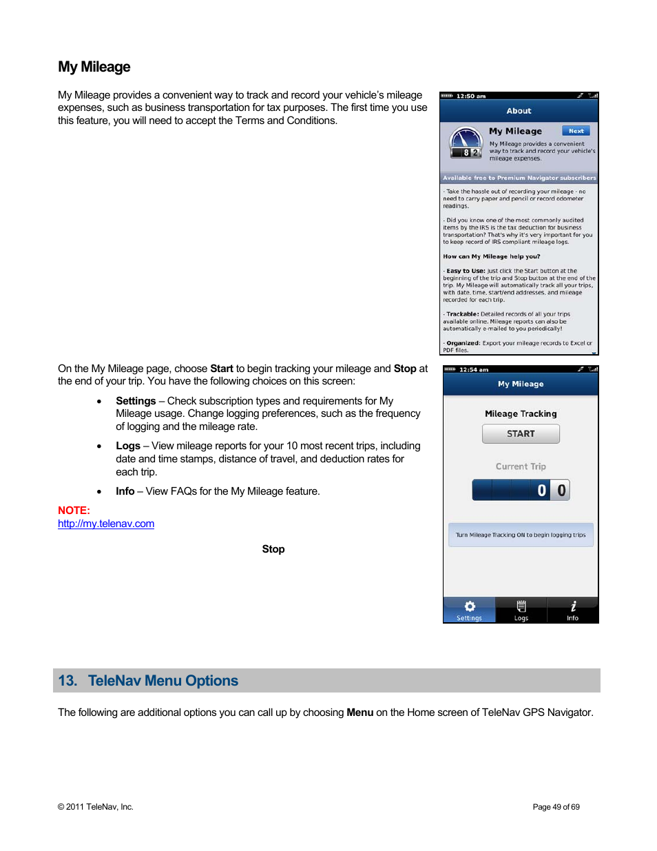 My mileage, Telenav menu options | Telenav for T-Mobile Supported Devices: v6.2 for BlackBerry devices User Manual | Page 49 / 69