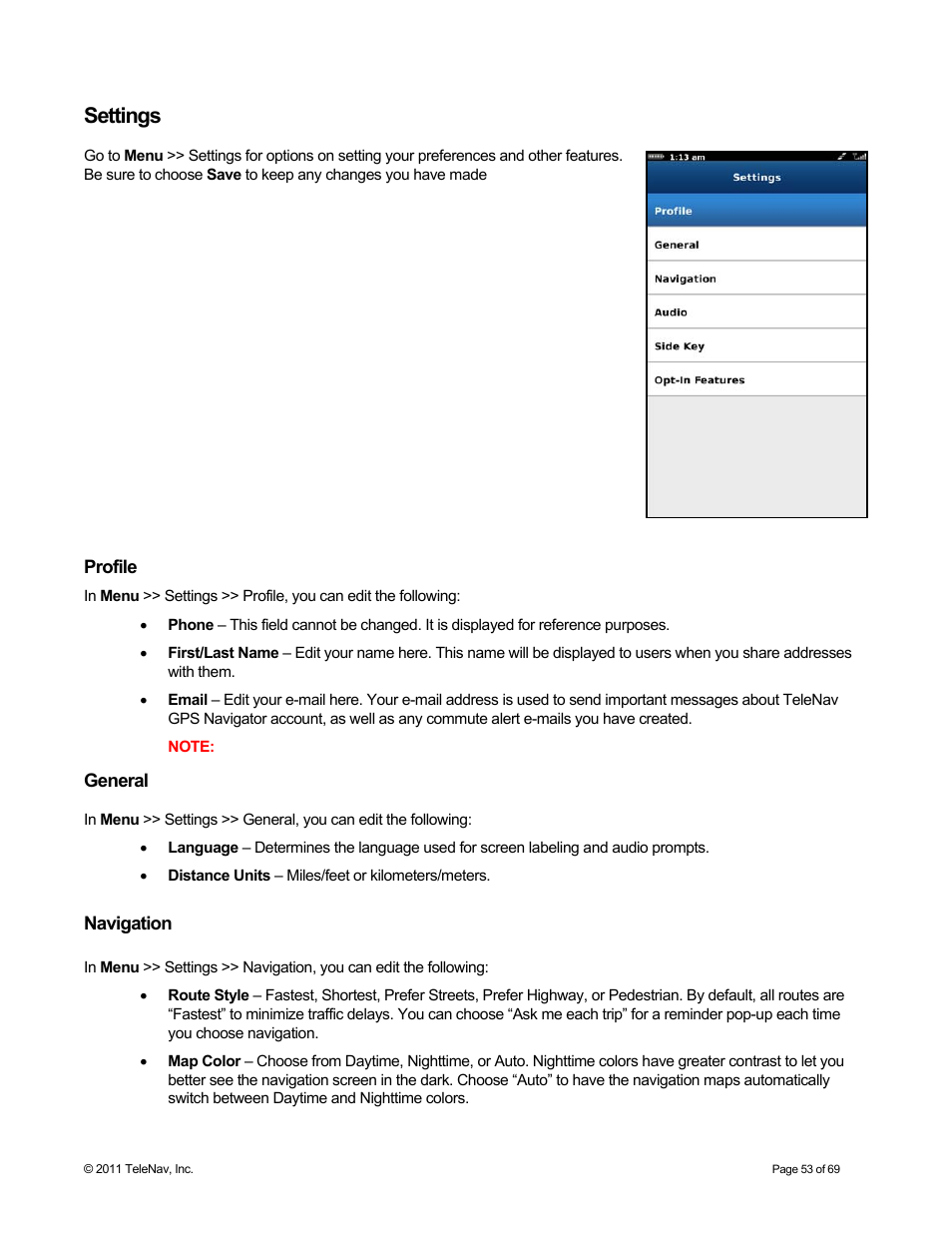 Settings, General, Navigation | Profile | Telenav for T-Mobile Supported Devices: v6.2 for BlackBerry devices User Manual | Page 53 / 69