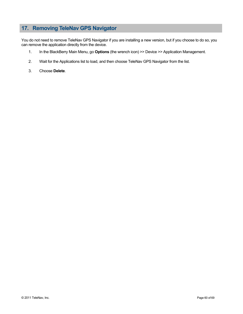 Removing telenav gps navigator | Telenav for T-Mobile Supported Devices: v6.2 for BlackBerry devices User Manual | Page 60 / 69