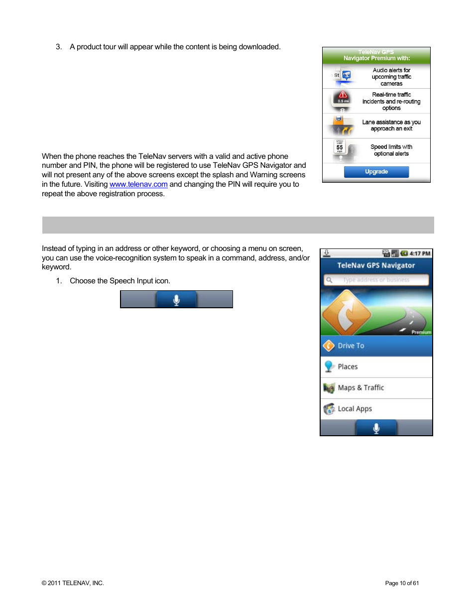 Speech input | Telenav for T-Mobile Supported Devices: v6.2 for Android phones User Manual | Page 10 / 61