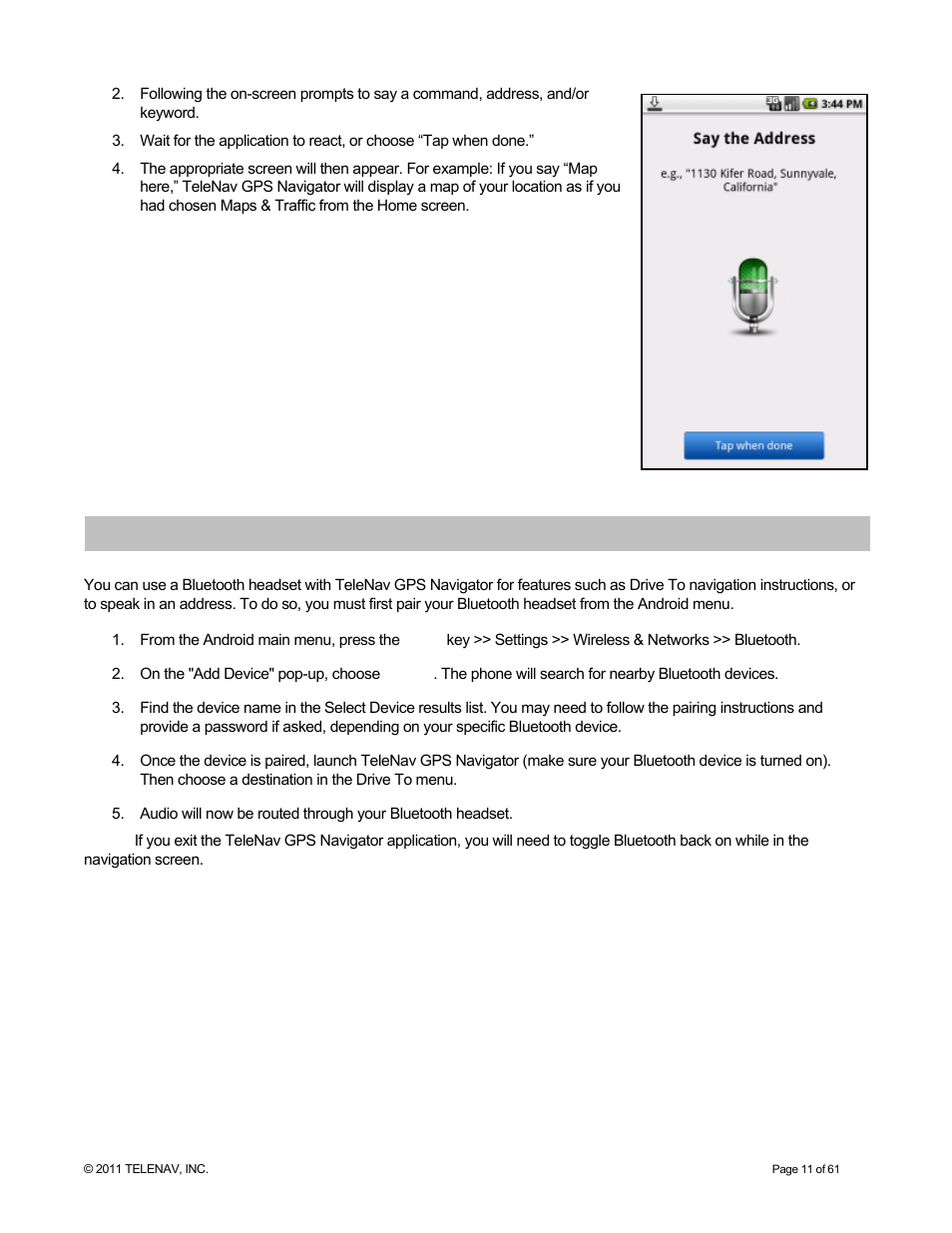 Using a bluetooth headset | Telenav for T-Mobile Supported Devices: v6.2 for Android phones User Manual | Page 11 / 61