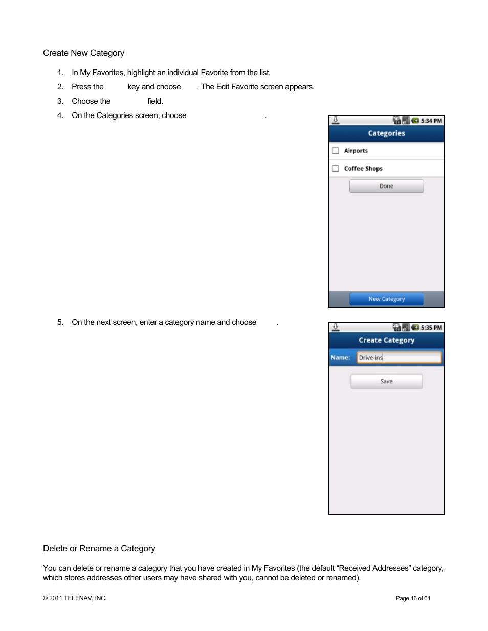 Create new category, Delete or rename a category | Telenav for T-Mobile Supported Devices: v6.2 for Android phones User Manual | Page 16 / 61