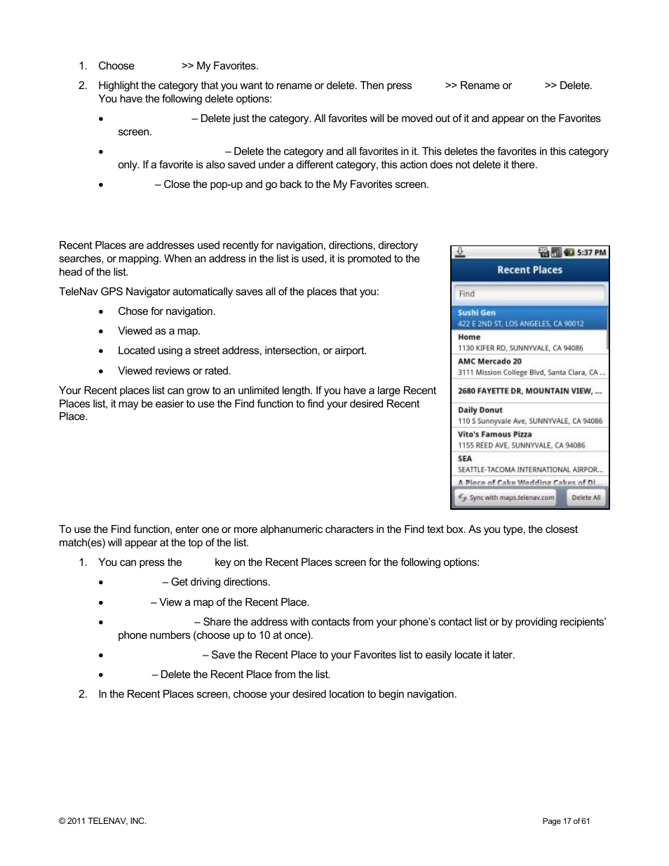 Recent places | Telenav for T-Mobile Supported Devices: v6.2 for Android phones User Manual | Page 17 / 61