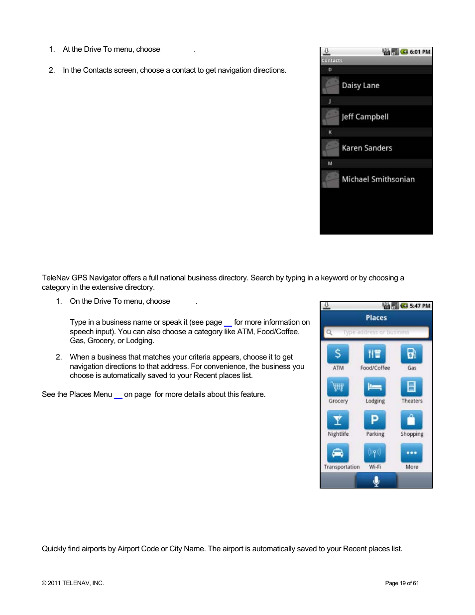 Places, Airport | Telenav for T-Mobile Supported Devices: v6.2 for Android phones User Manual | Page 19 / 61