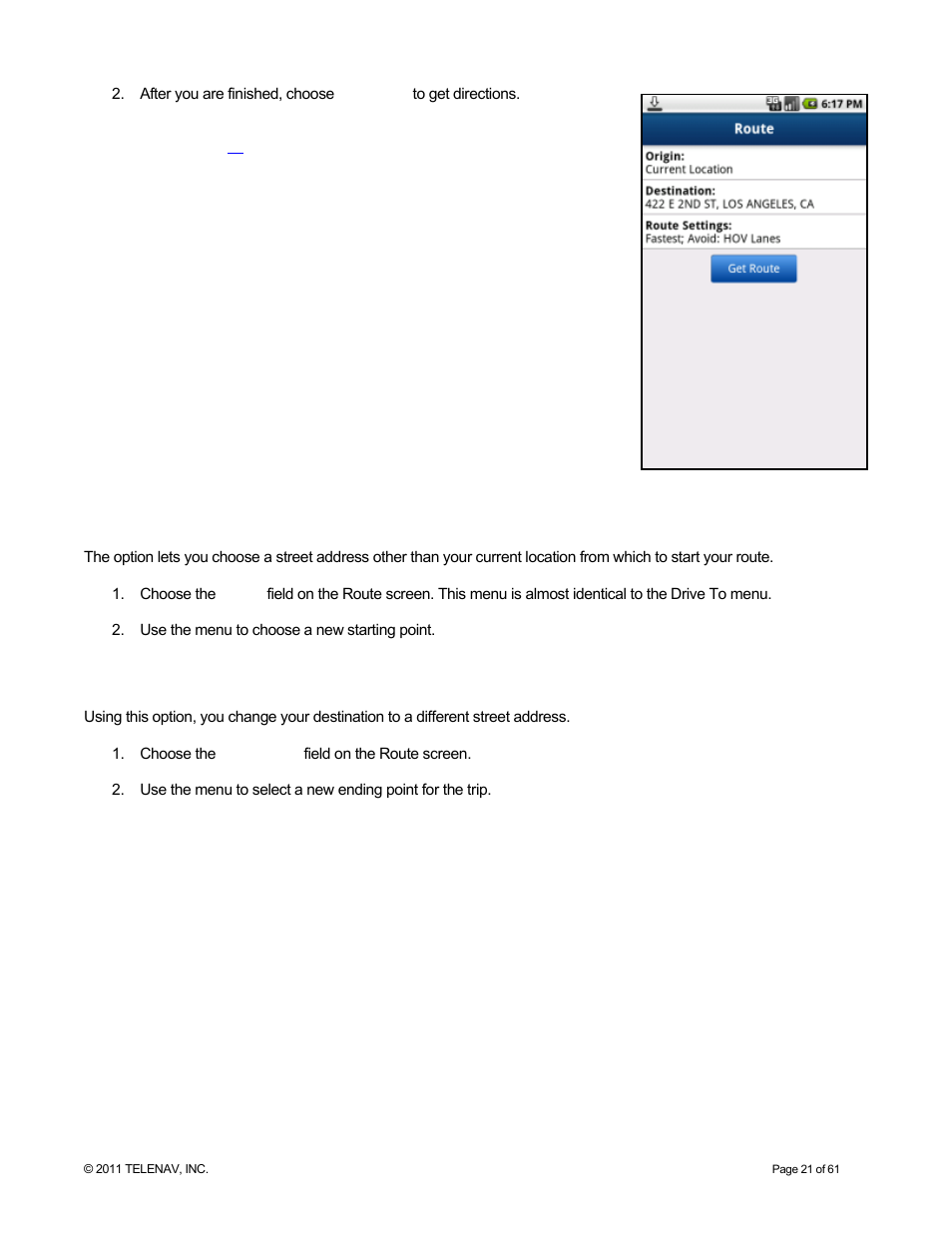 Edit origin, Edit destination | Telenav for T-Mobile Supported Devices: v6.2 for Android phones User Manual | Page 21 / 61