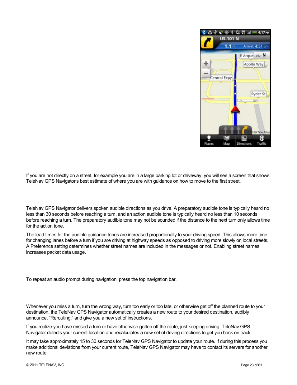 Moving to the nearest street, Audible guidance tones, Audio replay | Miss a turn | Telenav for T-Mobile Supported Devices: v6.2 for Android phones User Manual | Page 23 / 61