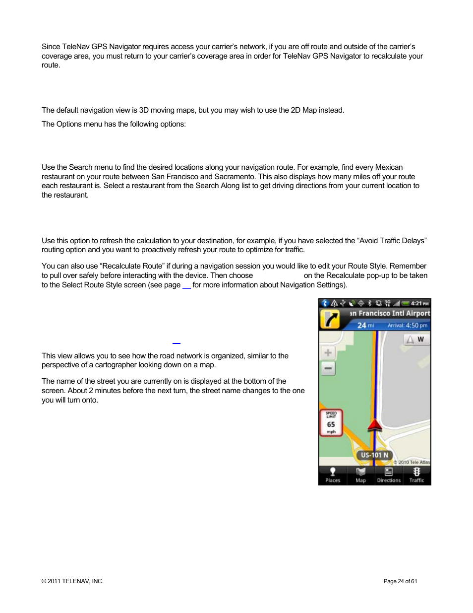 Navigation options, Search along, Recalculate route | 2d moving map, For further details | Telenav for T-Mobile Supported Devices: v6.2 for Android phones User Manual | Page 24 / 61