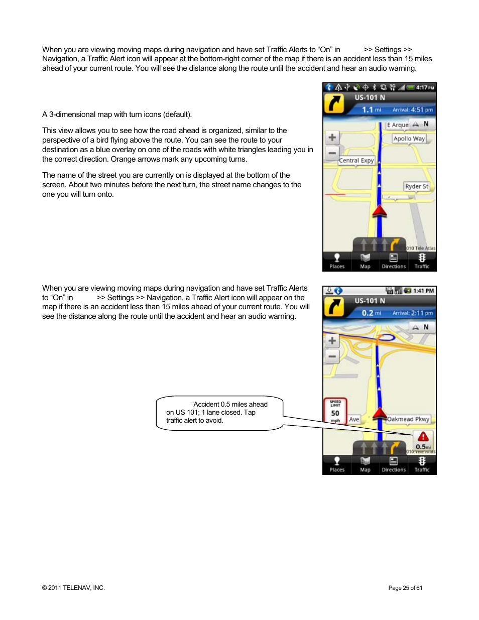 3d moving map | Telenav for T-Mobile Supported Devices: v6.2 for Android phones User Manual | Page 25 / 61
