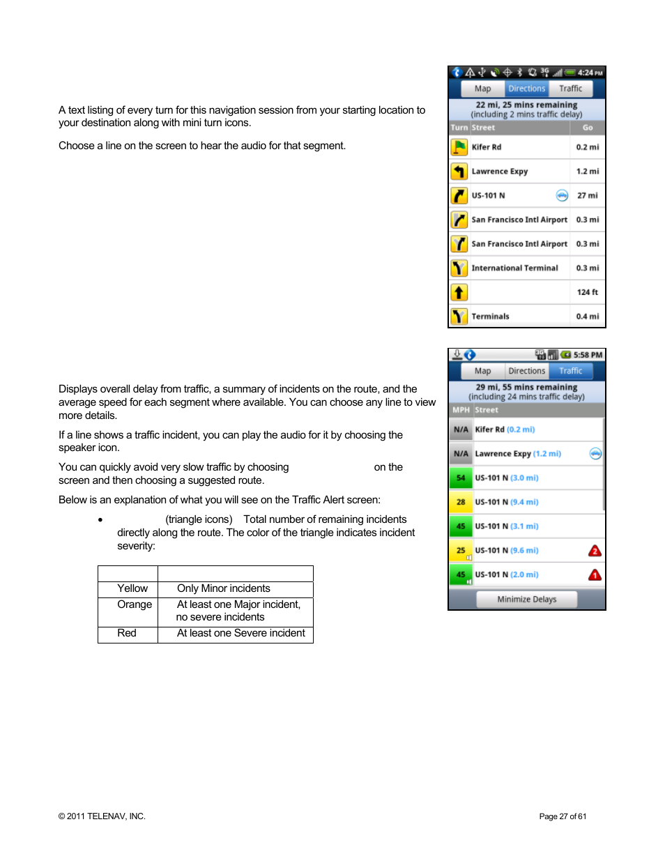 Route summary, Traffic summary | Telenav for T-Mobile Supported Devices: v6.2 for Android phones User Manual | Page 27 / 61