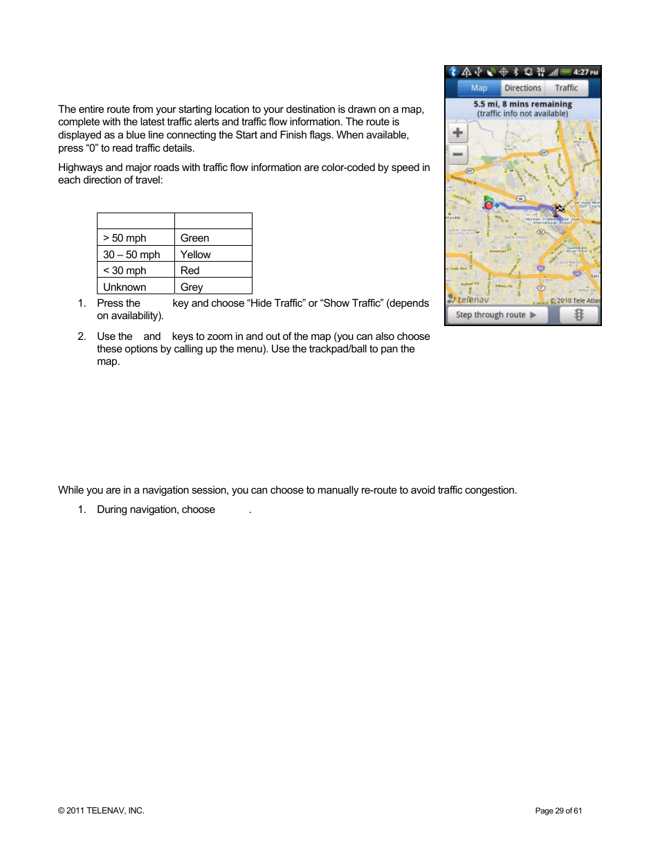 Map summary, Re-routing options, From traffic summary | Telenav for T-Mobile Supported Devices: v6.2 for Android phones User Manual | Page 29 / 61