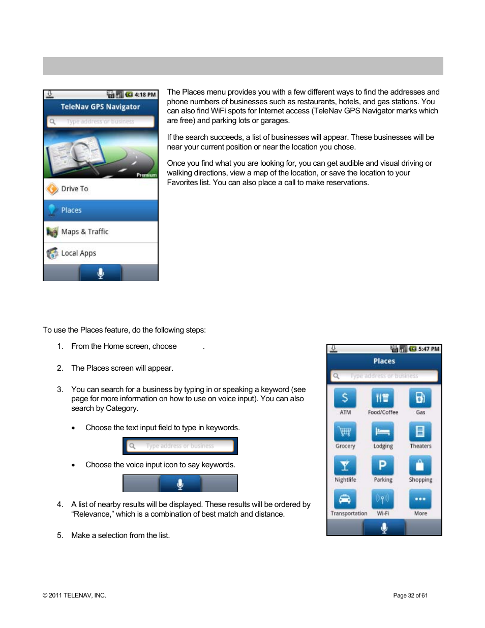 Places menu, Using places | Telenav for T-Mobile Supported Devices: v6.2 for Android phones User Manual | Page 32 / 61