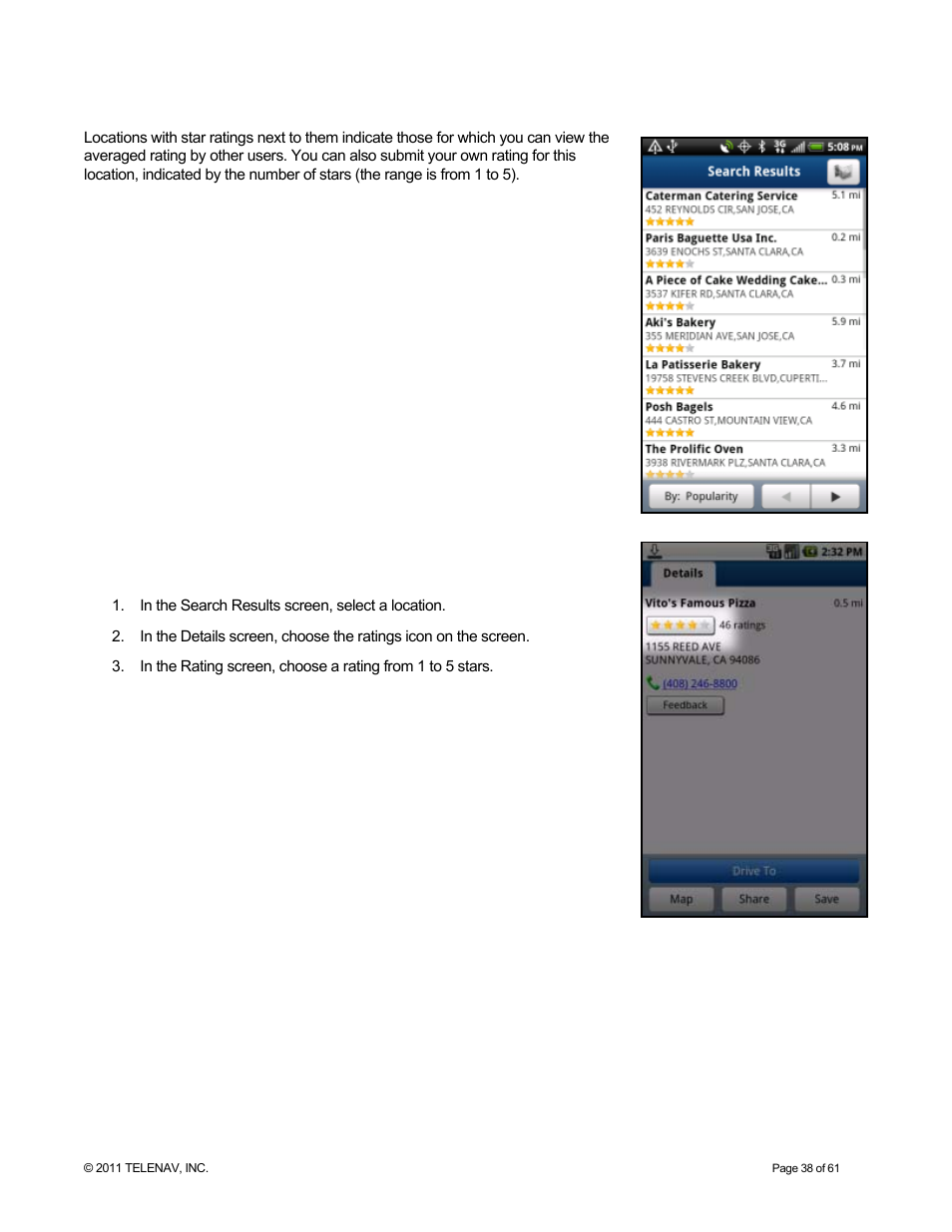 Ratings, Submit your own rating | Telenav for T-Mobile Supported Devices: v6.2 for Android phones User Manual | Page 38 / 61