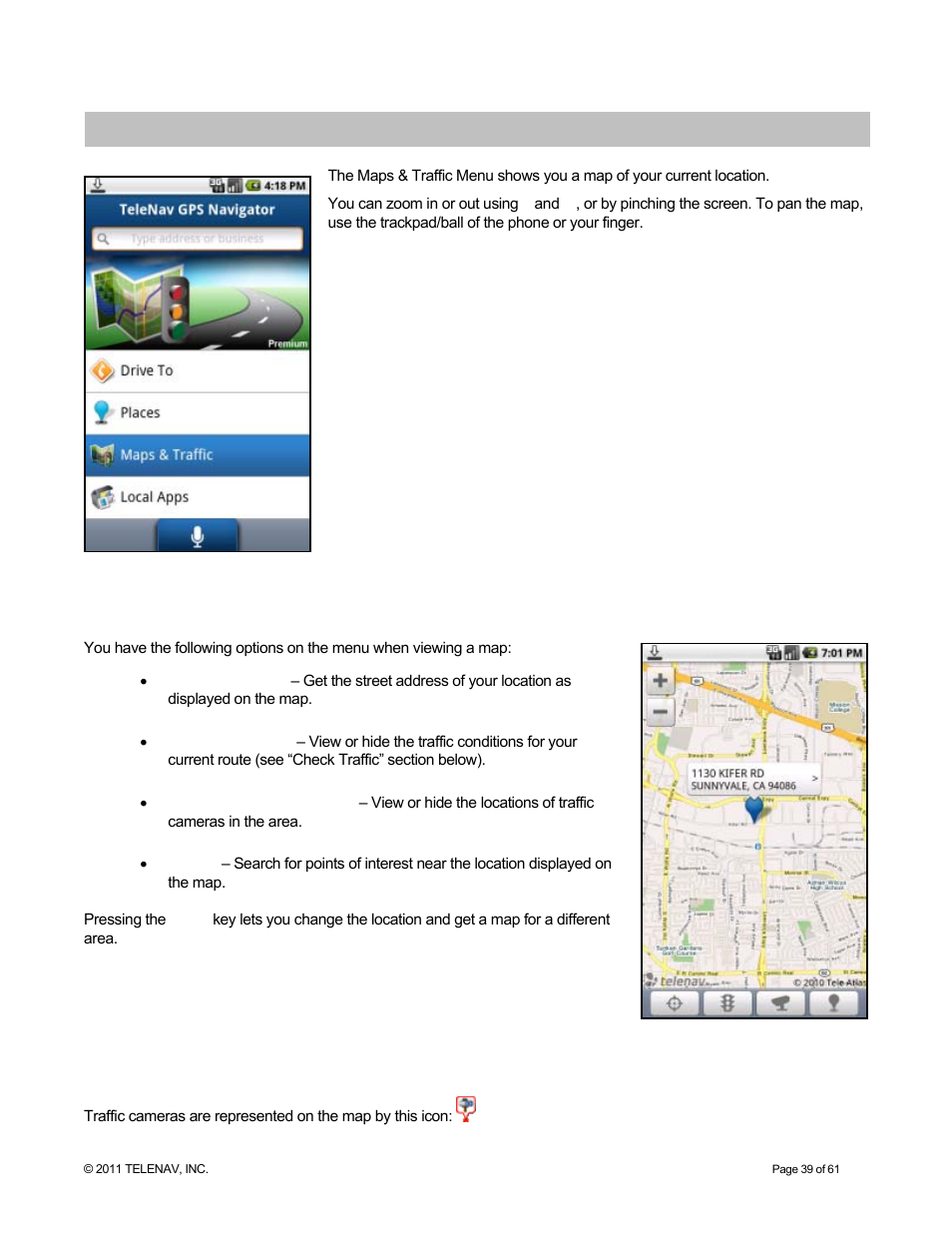 Maps & traffic menu, Map menu options, Traffic and speed traps | Telenav for T-Mobile Supported Devices: v6.2 for Android phones User Manual | Page 39 / 61