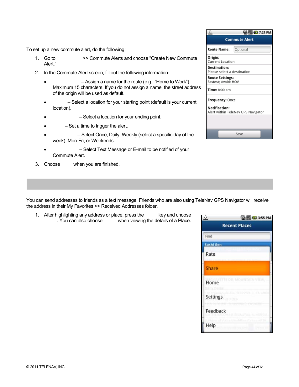 Create new alert, Share address | Telenav for T-Mobile Supported Devices: v6.2 for Android phones User Manual | Page 44 / 61