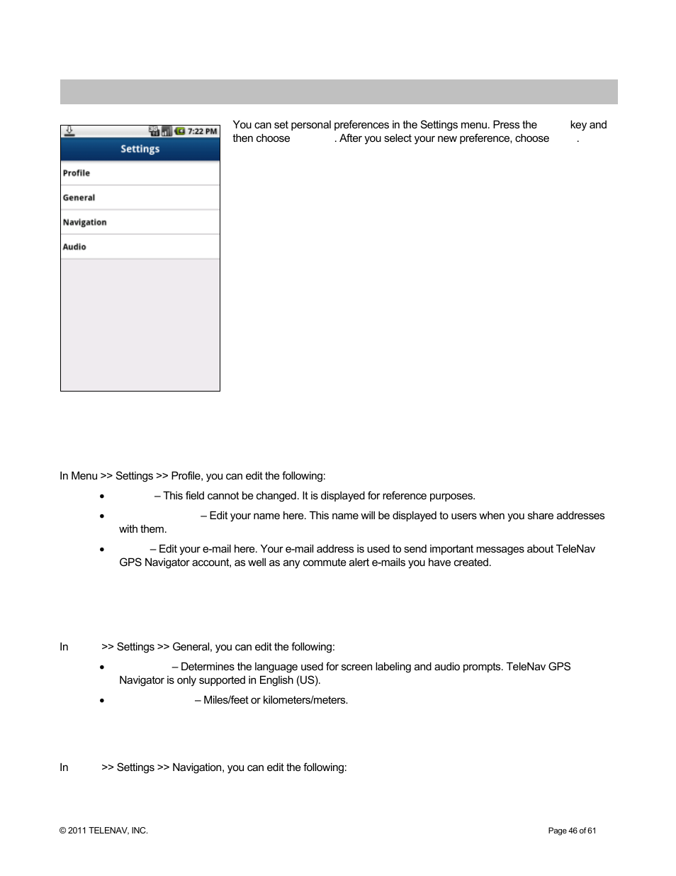 Settings, Profile, General | Navigation, For m | Telenav for T-Mobile Supported Devices: v6.2 for Android phones User Manual | Page 46 / 61