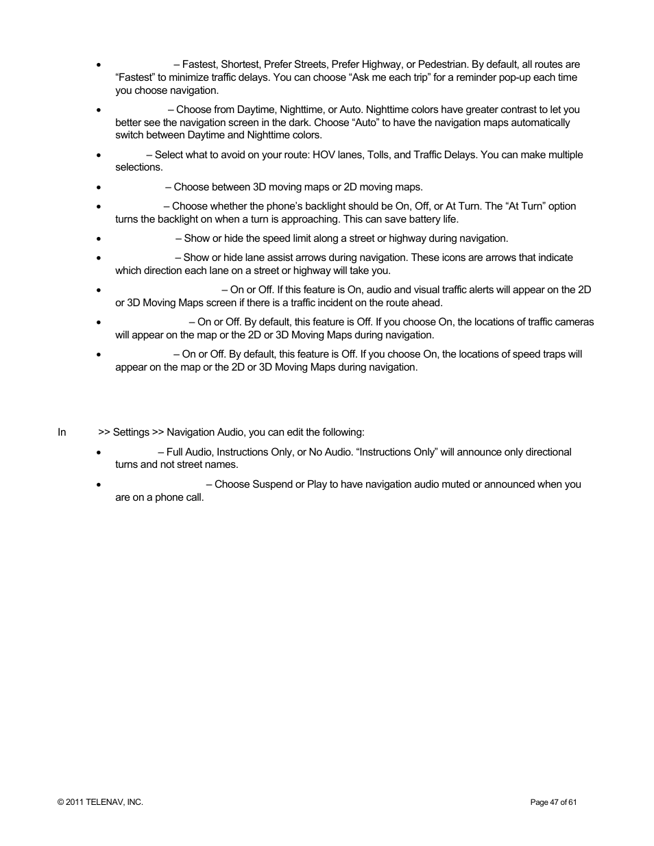 Audio | Telenav for T-Mobile Supported Devices: v6.2 for Android phones User Manual | Page 47 / 61