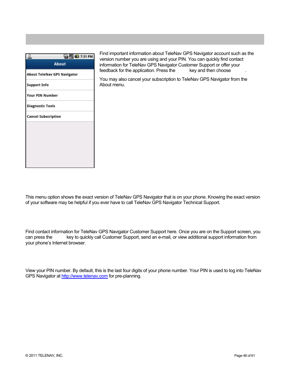 About, About telenav gps navigator, Support info | Your pin number | Telenav for T-Mobile Supported Devices: v6.2 for Android phones User Manual | Page 48 / 61