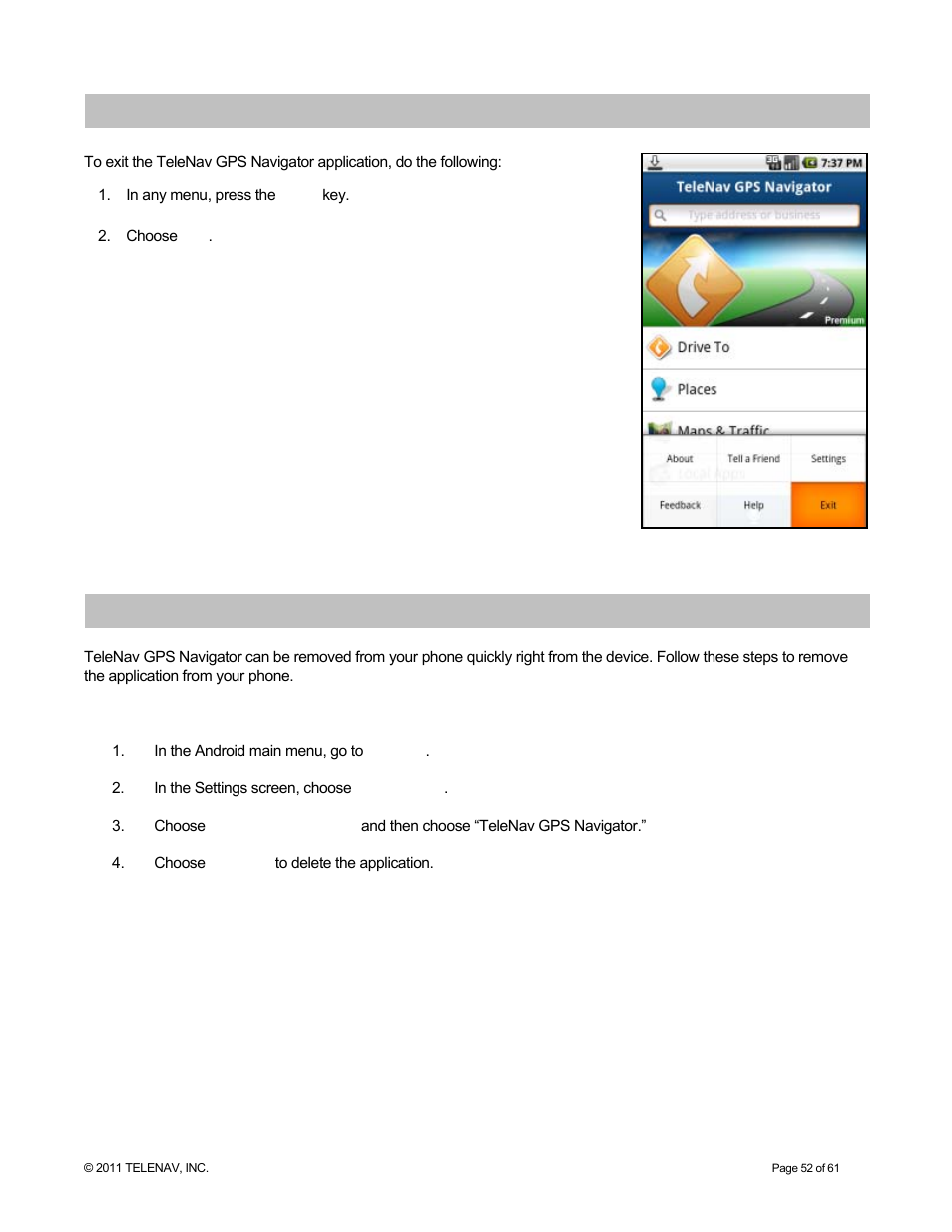 Exiting telenav gps navigator, Removing telenav gps navigator | Telenav for T-Mobile Supported Devices: v6.2 for Android phones User Manual | Page 52 / 61