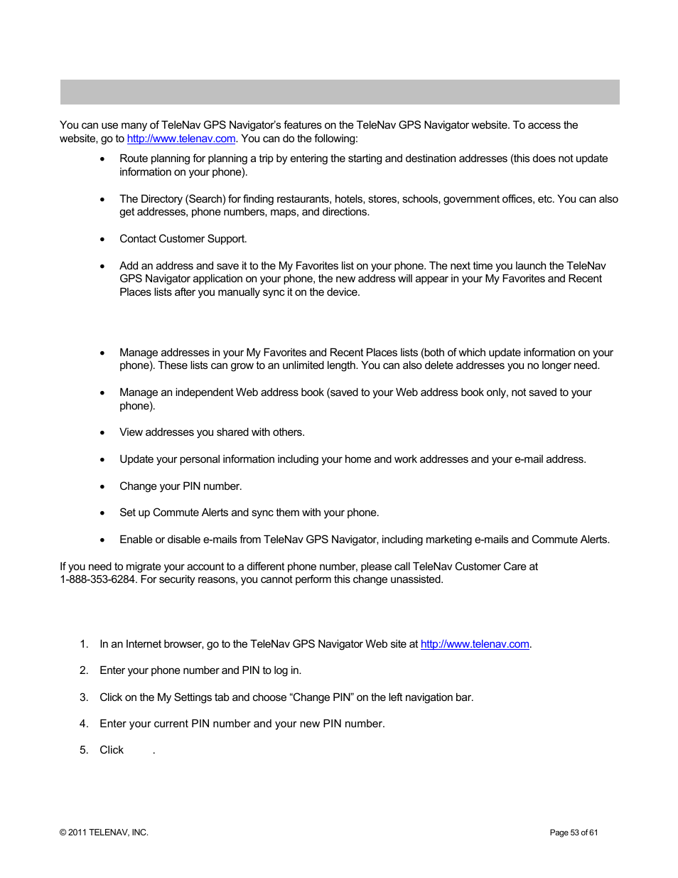 The telenav gps navigator pre-planning website, Changing your pin number | Telenav for T-Mobile Supported Devices: v6.2 for Android phones User Manual | Page 53 / 61
