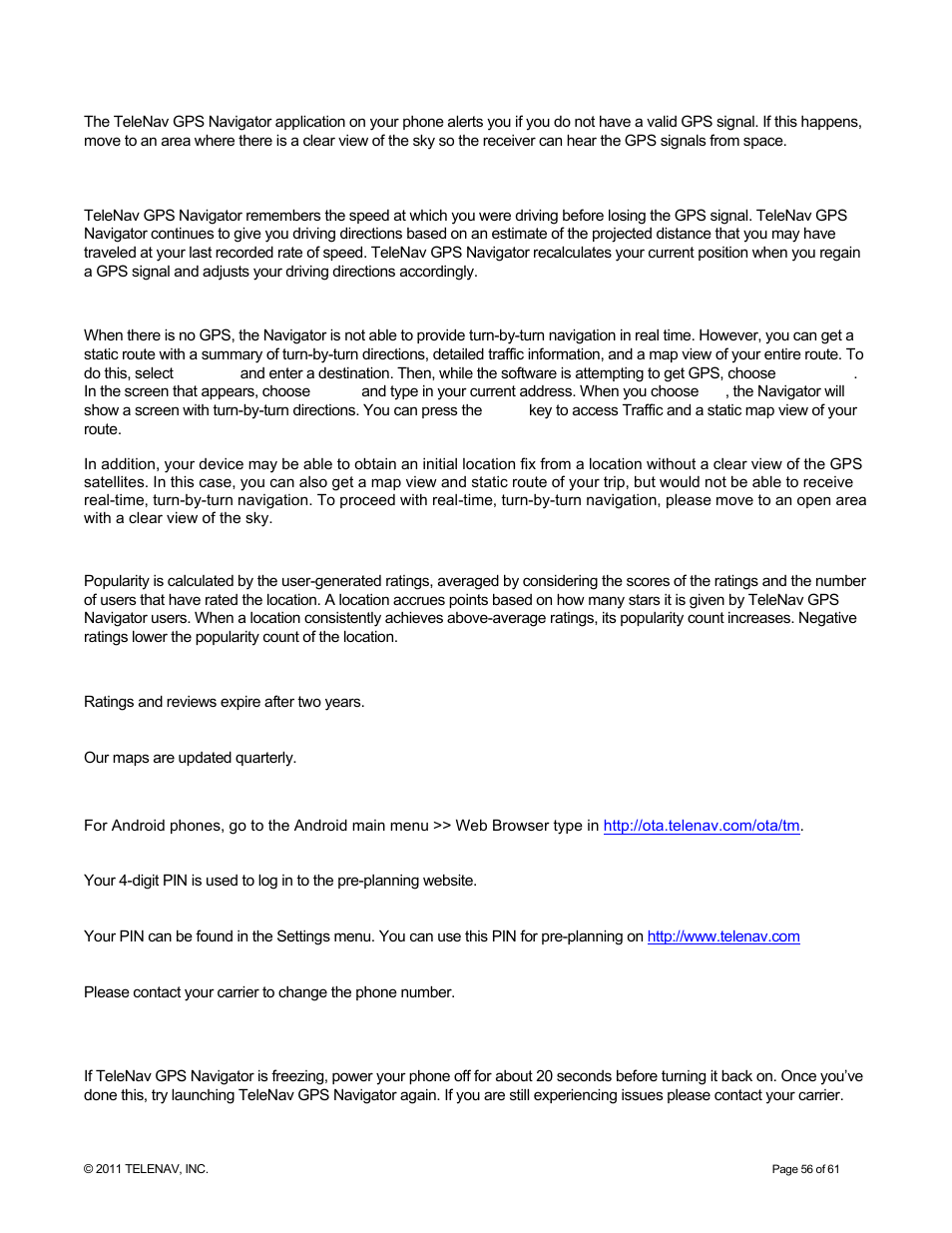 Telenav for T-Mobile Supported Devices: v6.2 for Android phones User Manual | Page 56 / 61
